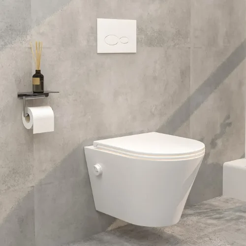 Mueller Afesta rimless toilet bowl with bidet spray, cool and flat soft-close seat, matte white